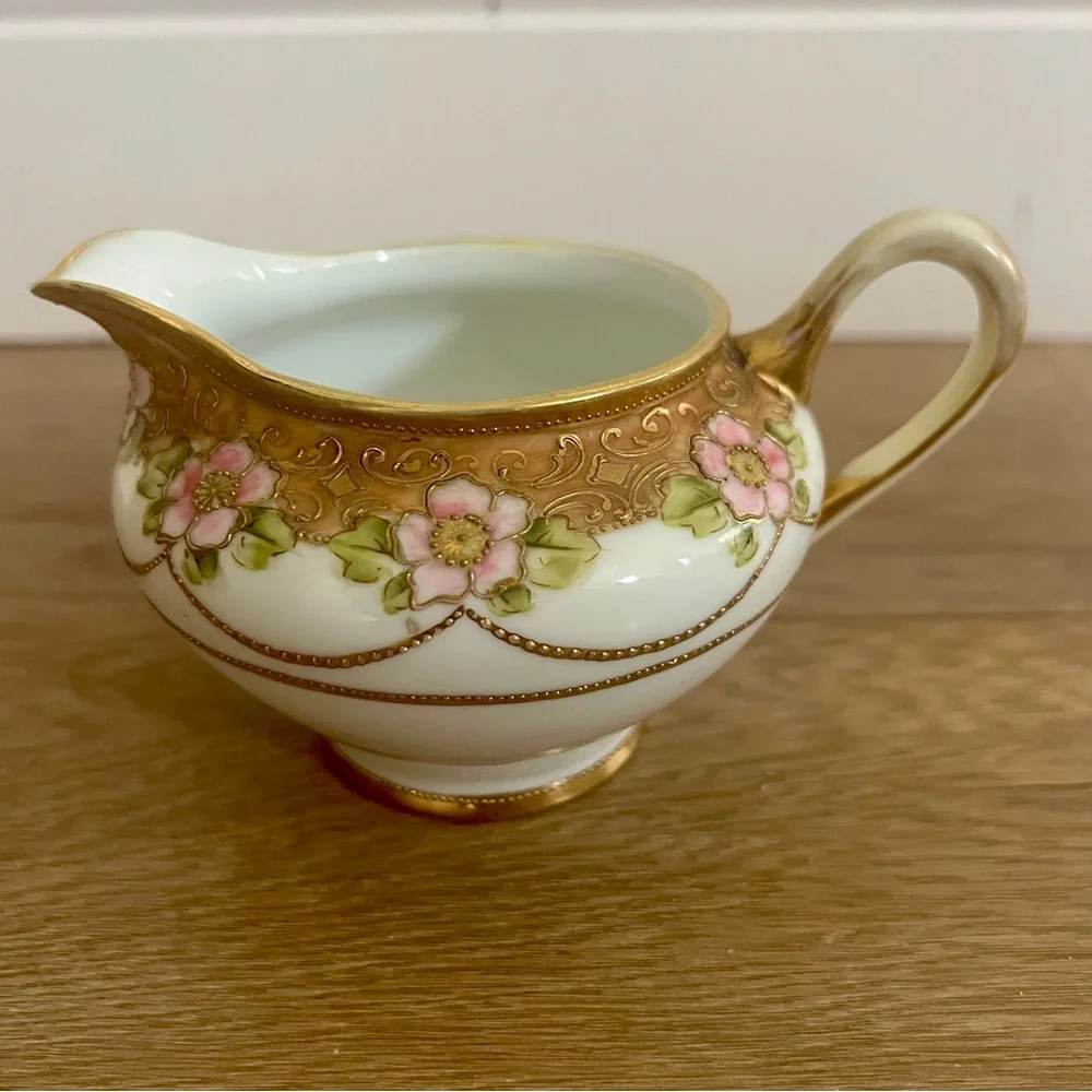 Antique 1910 Handpainted RC Nippon Porcelain Pitcher Creamer Gold beads Flowers‎